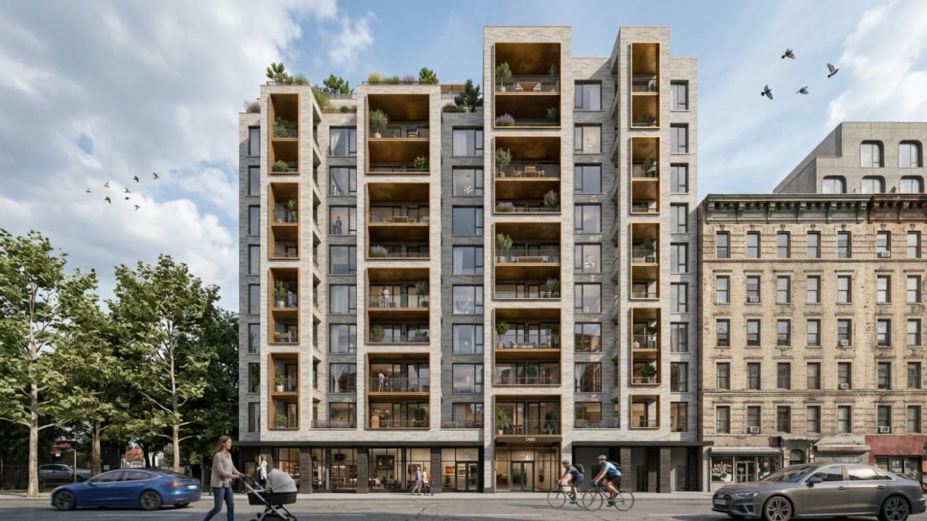 Ten Sixty Pacific — the ten-storey Roman-brick facade rising over Pacific Street